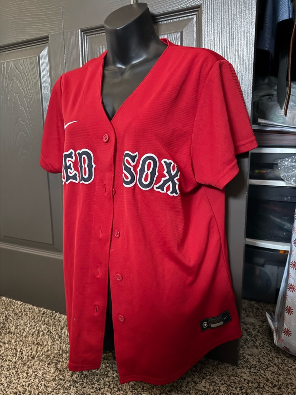 Nike Red Boston Sox Button-Up Jersey with White & Black Lettering